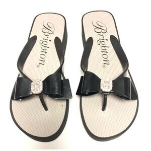 BRIGHTON Bowie Wedge Womens Shoes Black Flip Flops Black Bow & Rhinestone Sz. 10